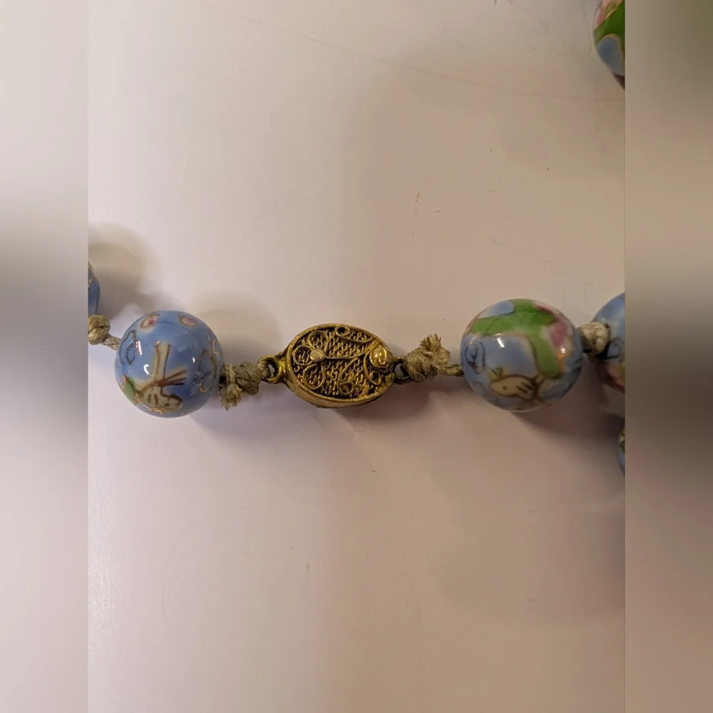 Vintage Necklace Asian Hand Knotted Blue Hand Painted Beads